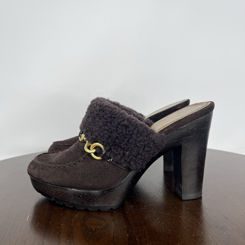 Coach Idyle Clog Shoes Women's 6.5B Brown Suede Shearling Spring Hook Mule A3611